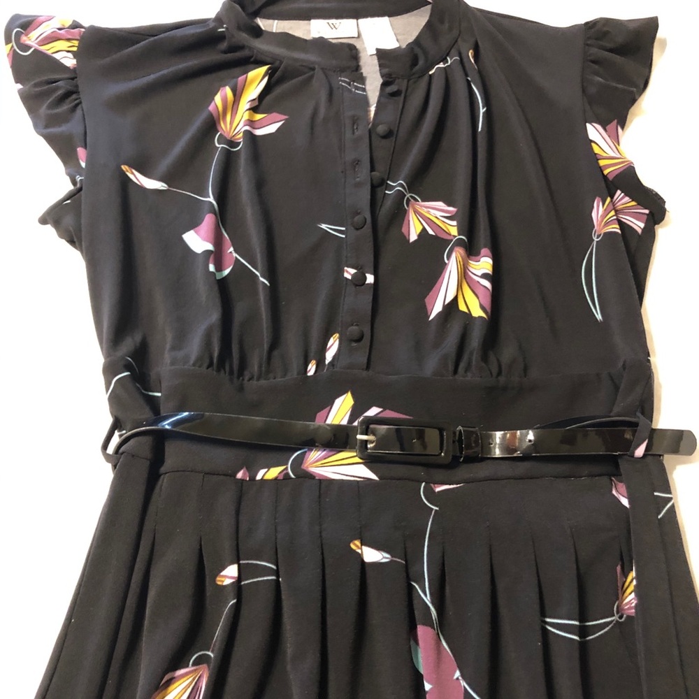 Black Print Dress Flutter Cap Sleeves